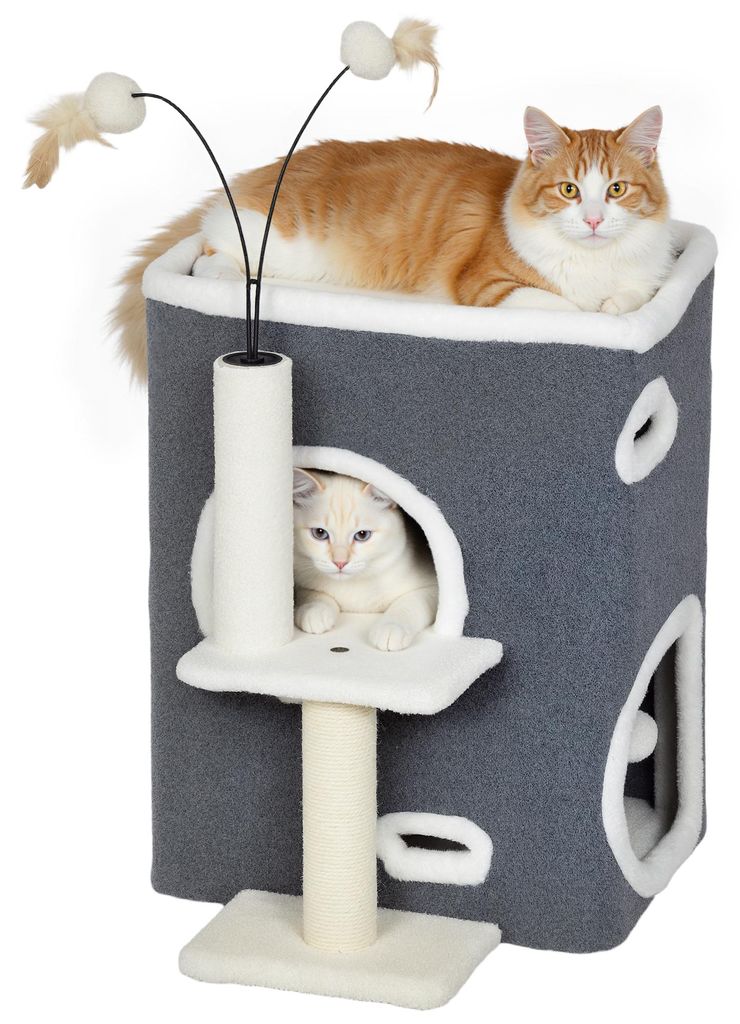 Katzenkratzbaum, Top-Liegefläche, 2-stöckiges Haus, Sisalpfosten, Grau, 48,5x43,0x58,0 cm, platzsparend, stabil, für Wohnzimmer und Schlafzimmer