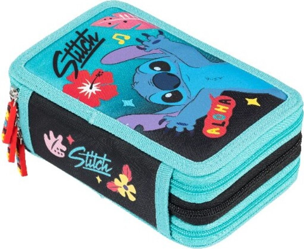 A Stitch themed pencil case with multiple compartments.