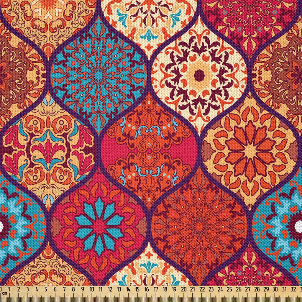ABAKUHAUS marokkanisch Satin Stoff als Meterware, Orientalisches gewelltes kurviges Muster mit Frühlings-Natur inspirierte Retrostil-Kunst-Motive,...