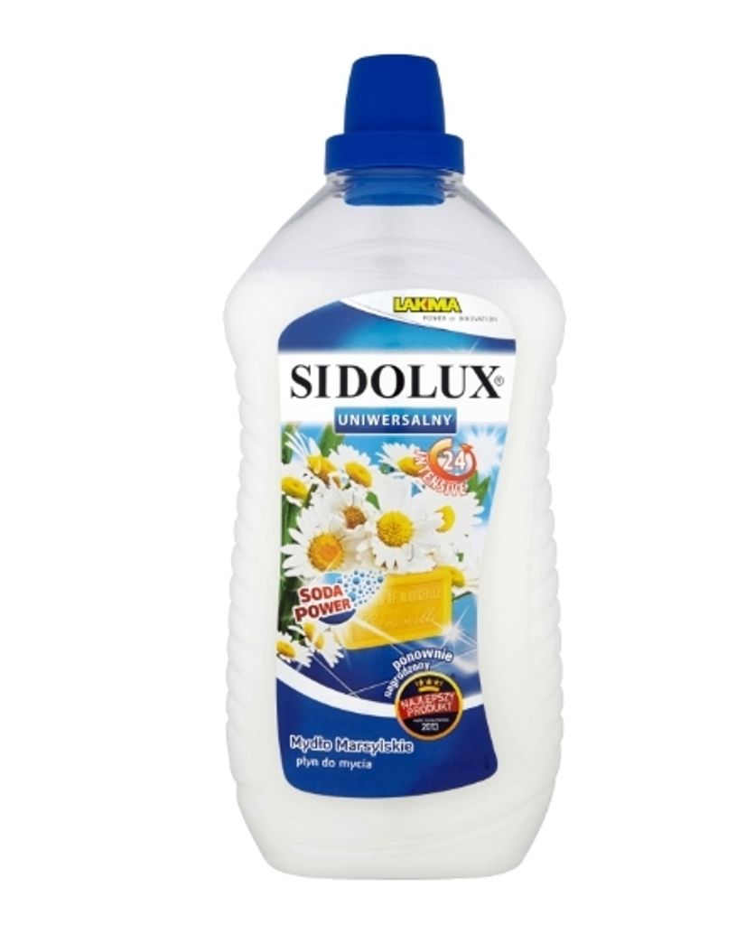 A bottle of Sidolux Universal cleaner with chamomile and lemon scent.