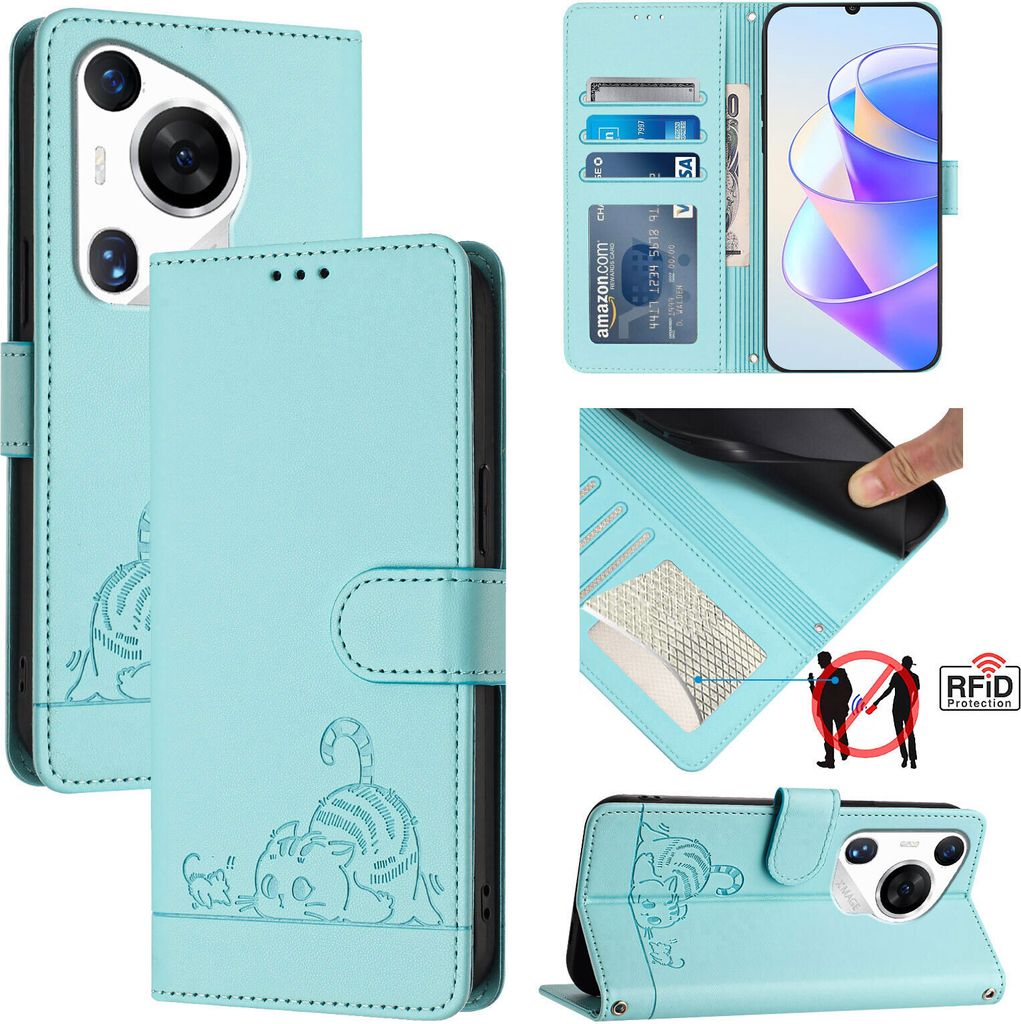 Leder Hülle für Huawei Pura 70 Pro Süße Katze Flip Case Brieftasche Schutzhülle mit Standfunktion hellgrün