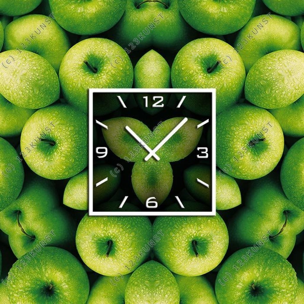 3571 Dixtime Designer Wanduhr 90cm x 90cm grüne Äpfel quadratische stilvolle Küchenuhr