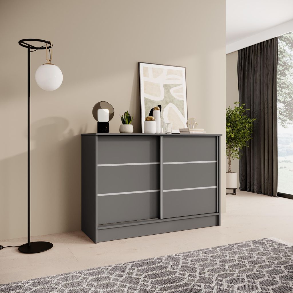 Kommode 120 cm Graphitgrau mit 2 Schiebetüren 
Maße:
•	Breite: 121 cm
•	Höhe: 85 cm
•	Tiefe: 43,5 cm