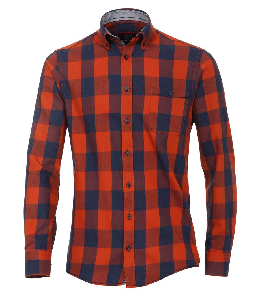Casa Moda - Casual Fit - Twill Herren Hemd kariert mit Button Down-Kragen in Orange (472801400A), Größe:M, Farbe:Orange (450)