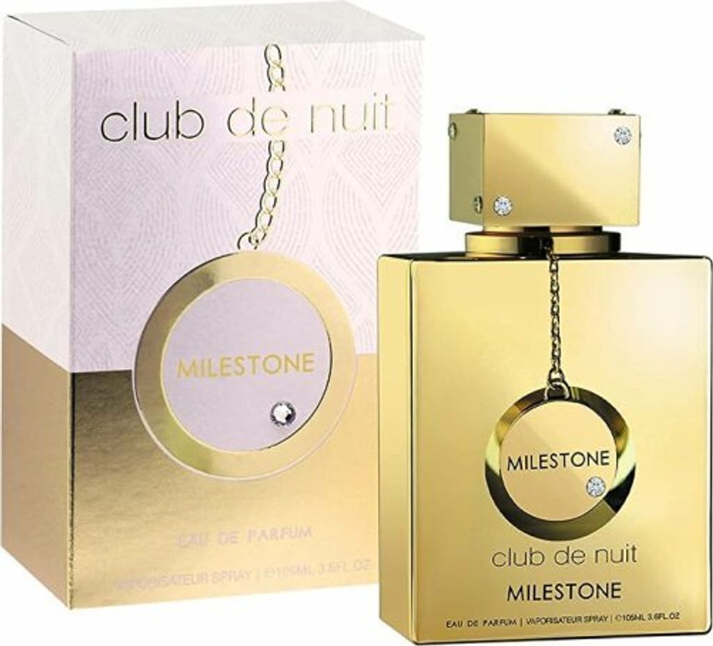 A perfume bottle and its packaging are displayed against a white background.