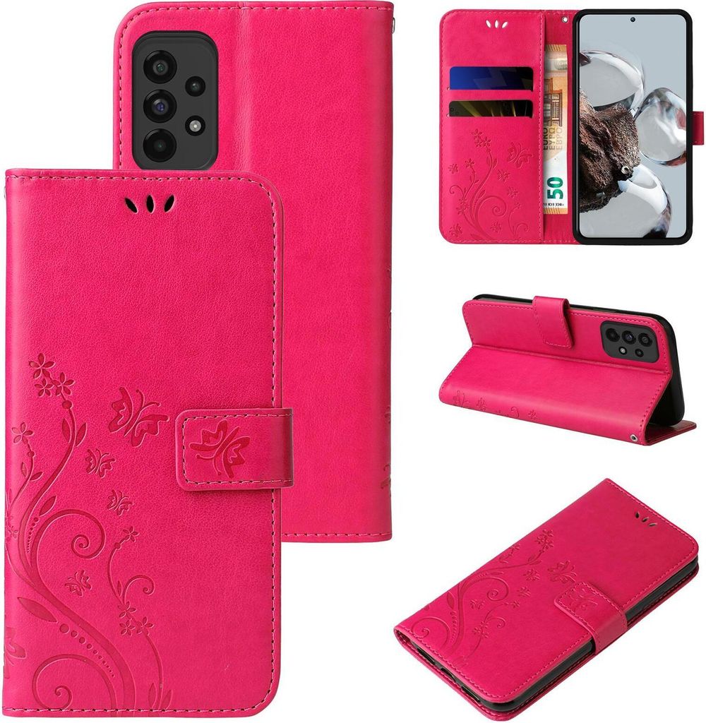 Handyhülle für Samsung Galaxy A73 5G Floral Blumen Schmetterling Flip Cover Hülle Case Klapphülle Handytasche Farbe: Pink