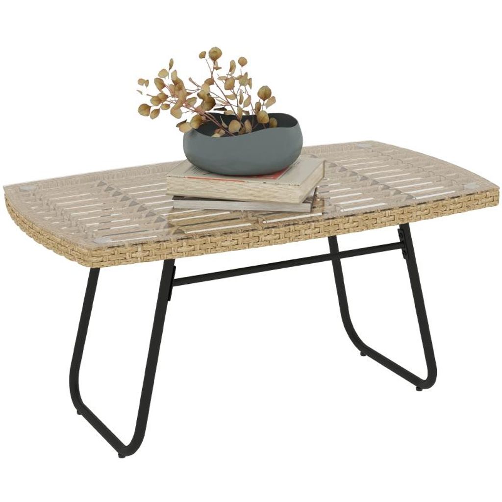 Gartentisch – Korbtisch – Beistelltisch für Garten und Balkon – Glasplatte – Geeignet für Garten, Terrasse und Balkon – 90 x 50 x 45 cm...
