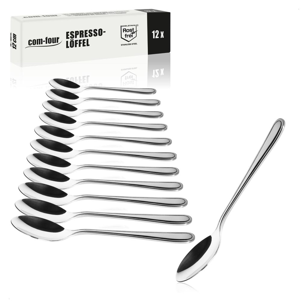 COM-FOUR 12x Espressolöffel aus rostfreiem Stahl - stilvolles Tafelbesteck im schlichten Design - Teelöffel - Dessertlöffel - Teeservice