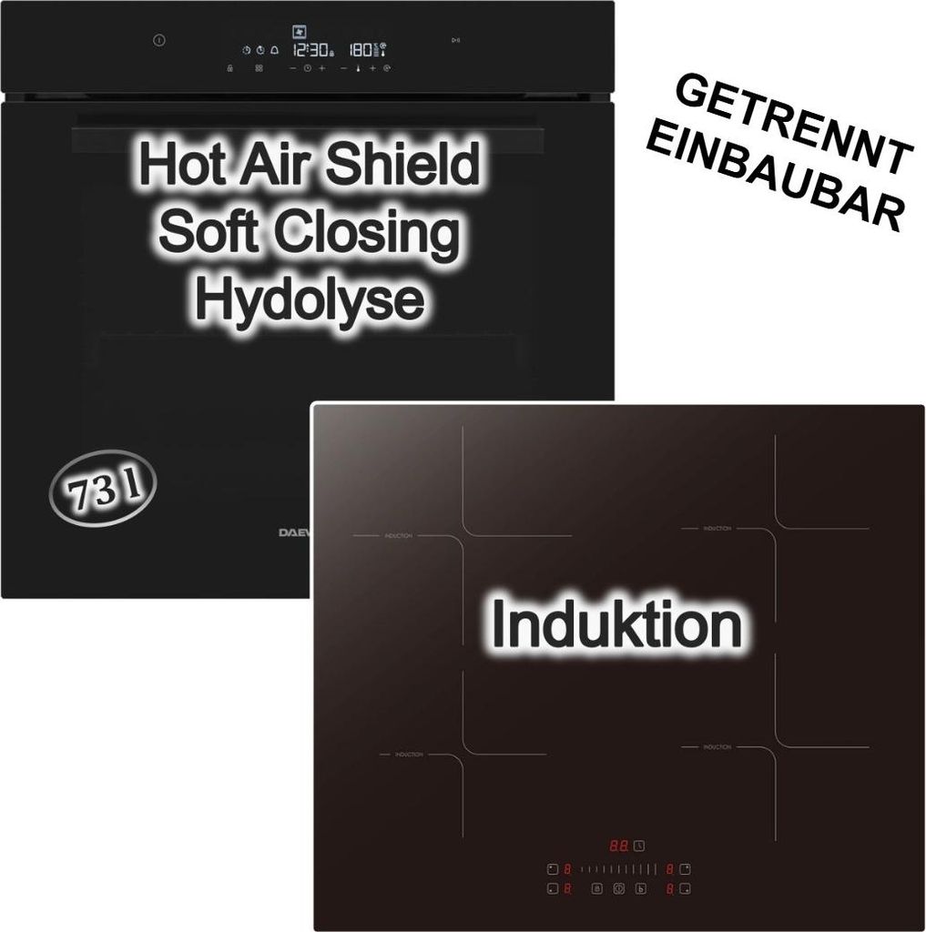 Herdset Backofen Hydrolyse HeatWrap SoftClose 73 Liter Schwarz + Induktionskochfeld Booster Touch Slider Daewoo PKM