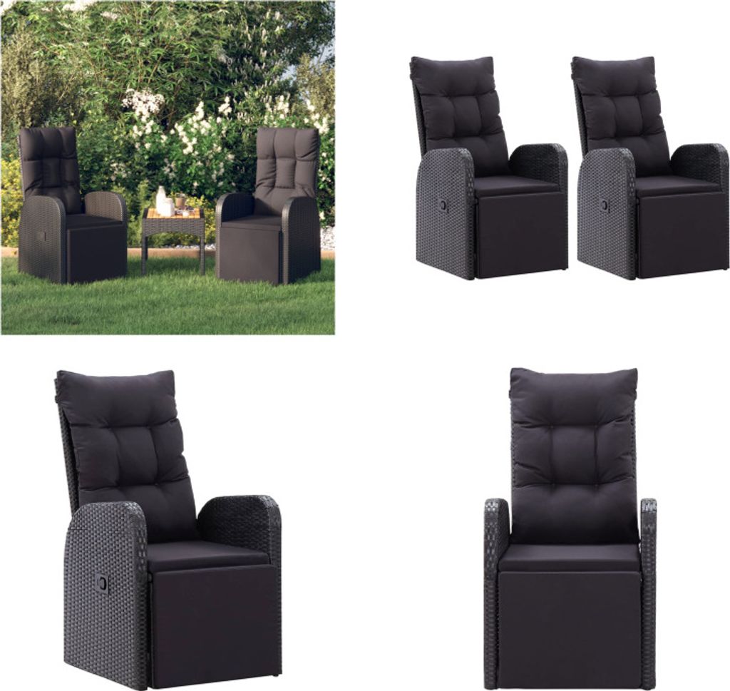 vidaXL Gartensessel mit Kissen 2 Stk. Verstellbar Schwarz Poly Rattan - Garten-Liegestuhl - Garten-Liegestühle - Relaxsessel - Gartenmöbel