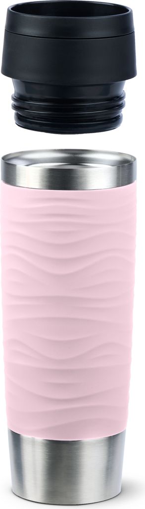 A pink insulated mug with a silver base and a black lid, shown disassembled against a white background.