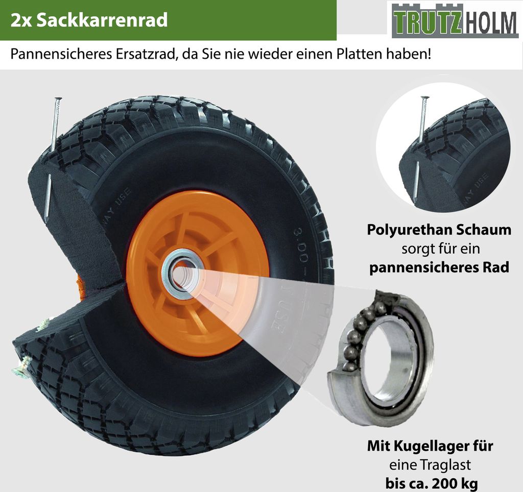 2x Sackkarrenrad Vollgummi 260x85 mm 3.00-4 60mm Nabenlänge Produktbild 2