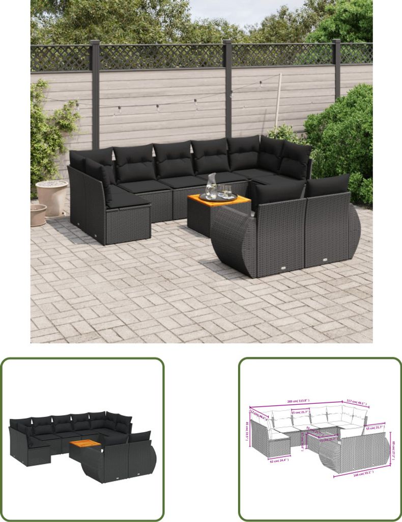 The Living Store 10-tlg. Garten-Sofagarnitur mit Kissen Schwarz Poly Rattan