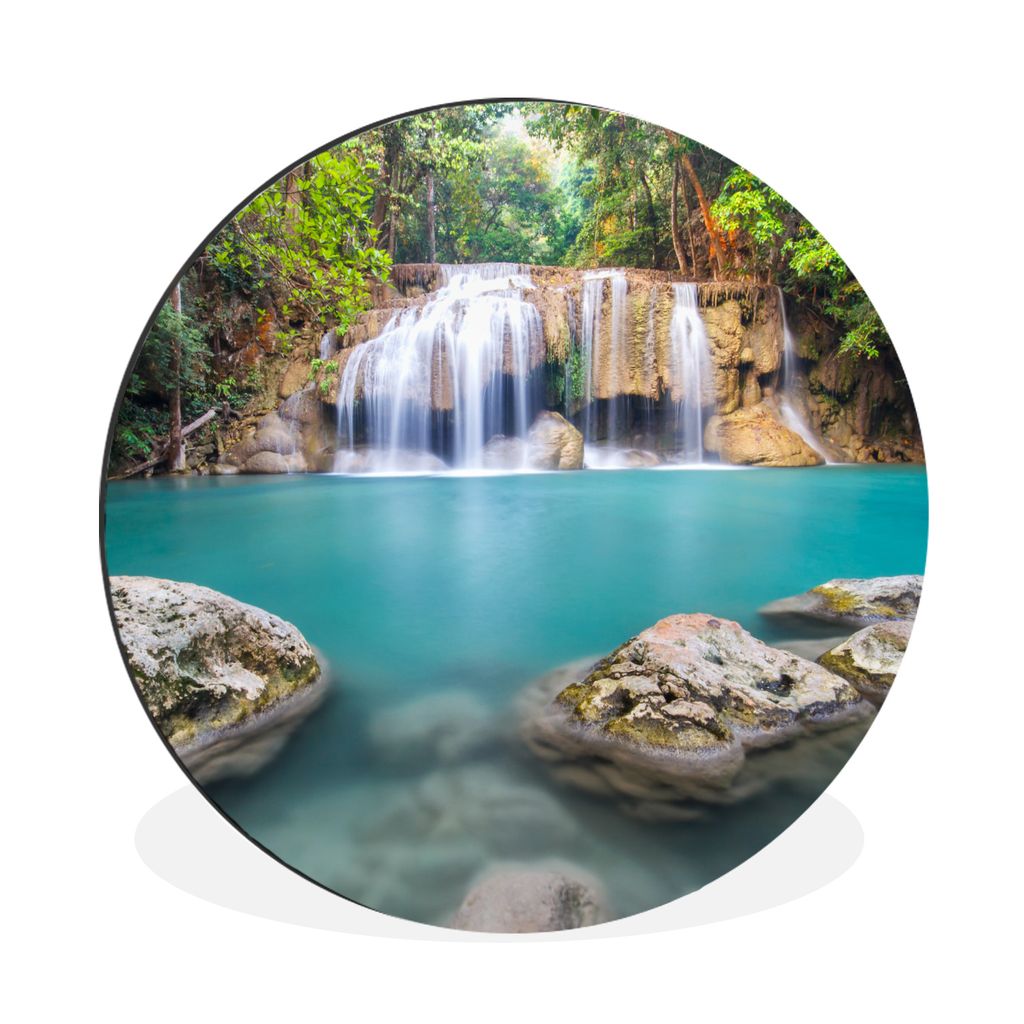 MuchoWow Aluminium Wandkreis Moosbewachsene Felsen vor dem Wasserfall im Erawan-Nationalpark Ø 30 cm Wanddeko Modern Wohnzimmer - Wand Bild - Wo...