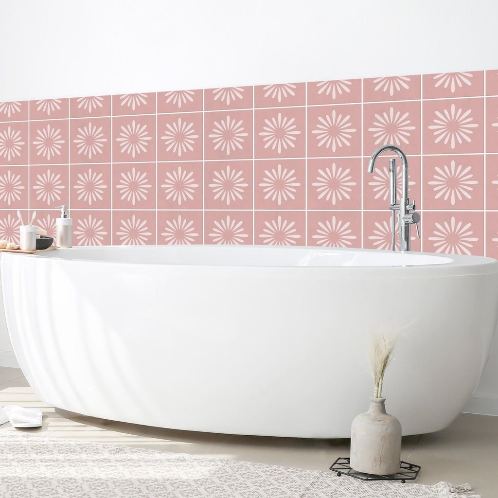 Wandverkleidung Bad Muster selbstklebend - 0.35 mm Wandpaneel matt wasserfest Blumenmuster rosa Fliesenoptik Badrückwand fugenlos 150x60 cm