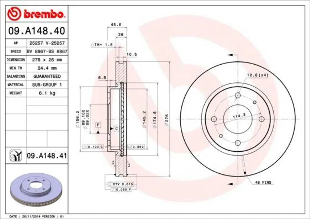 Changez votre disque de frein Brembo 09.A148.41 sur Mitsubishi Lancer