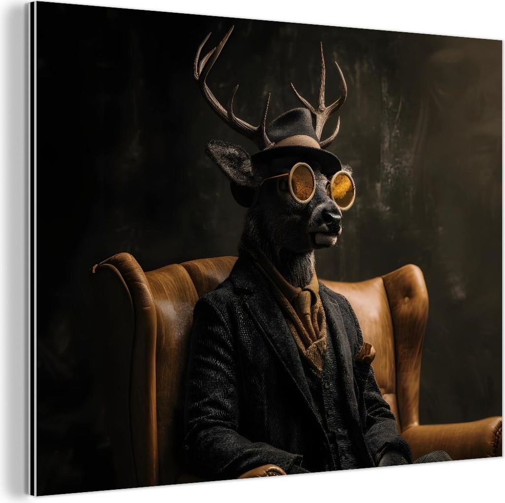 MuchoWow Wanddekoration Metall Metallbild Wandkunst 40x30 cm Hirsche - Sonnenbrille - Schwarz - Anzug MuchoWow Aluminium Gemälde - Dekoration Wohn...
