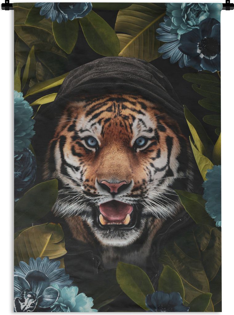MuchoWow Wandteppich Wandbehang Tiger - Blumen - Pflanzen 60x90 cm Tapisserie Dekoration Wandtuch - Foto-Teppich - Abwaschbar