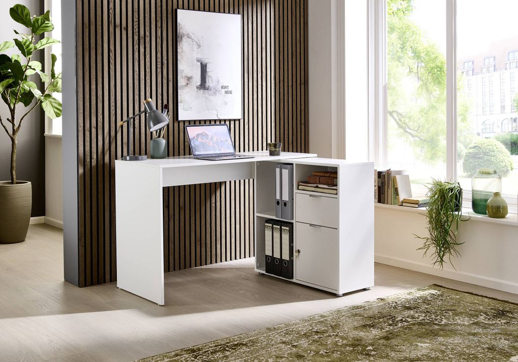 BMG Möbel Eckschreibtisch Leni, Homeoffice Schreibtisch abschließbar, mit Kommode in Weiß