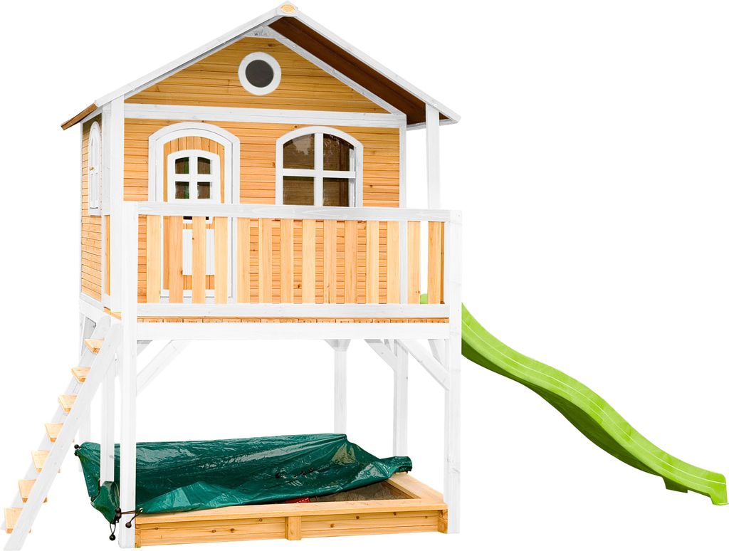 AXI Spielhaus Marc mit Sandkasten & Rutsche in Hellrün | Stelzenhaus in Braun & Weiß aus Holz für Kinder | Spielturm mit Wellenrutsche für den...