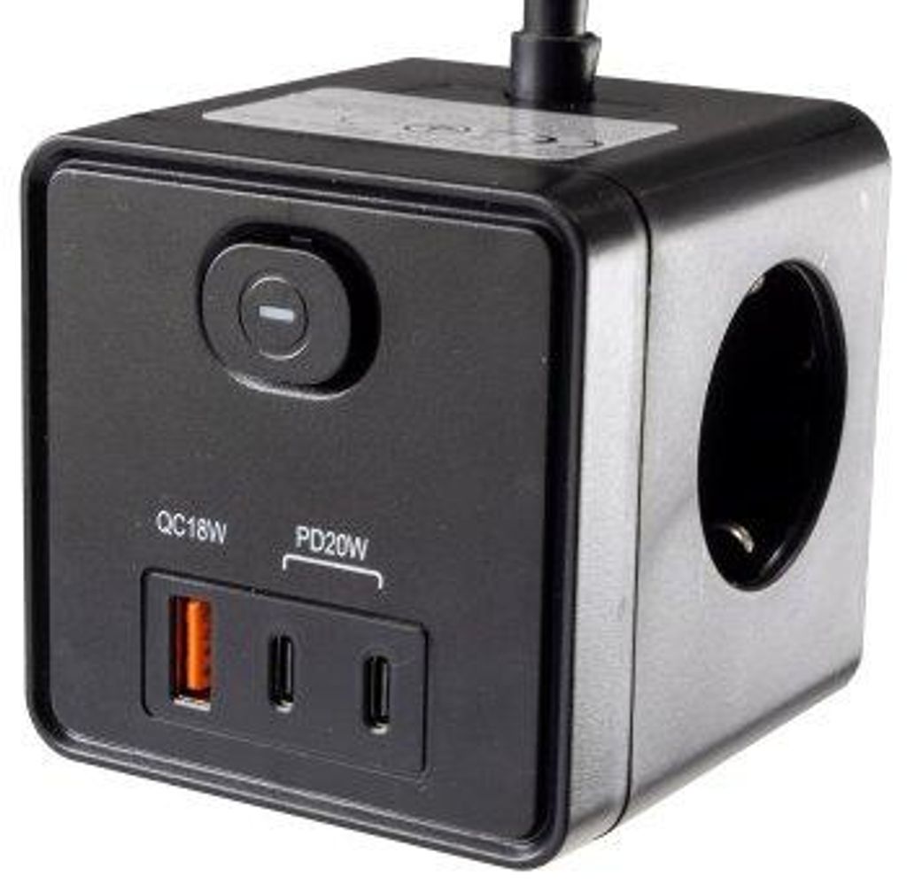 Steckdosenwürfel 3fach Mehrfachsteckdose USB-A USB-C 6 in 1 Stromverteiler 1,5m Kabel 8x8x8cm gummierte Unterseite gegen Wegrutschen Schwarz