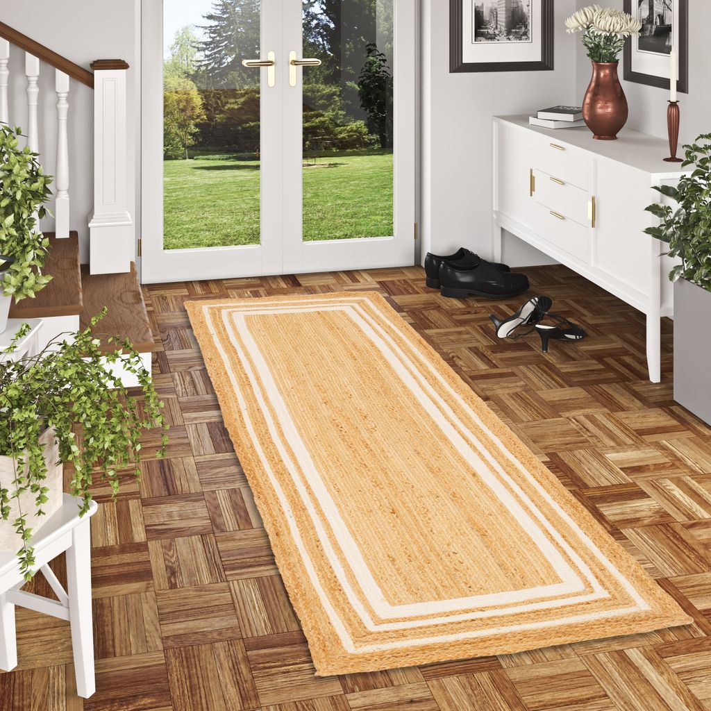 Naturfaser Teppich Läufer Jute Salsa, Größe:80x150 cm, Design:Bordüre Beige