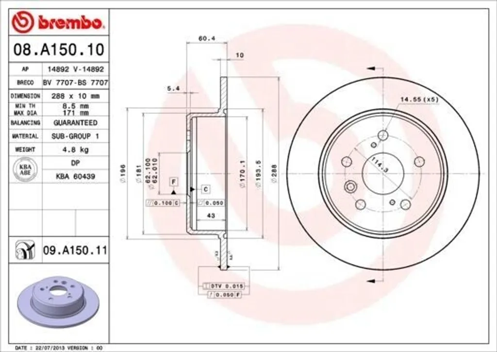 Disque de frein 08.A150.11 haute teneur en carbone pour Lexus RX 300