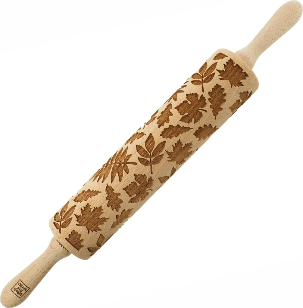 Mattarello in legno MoodForWood, inciso, 43 cm con manici, perfetto per la cottura al forno - motivo foglie d'autunno