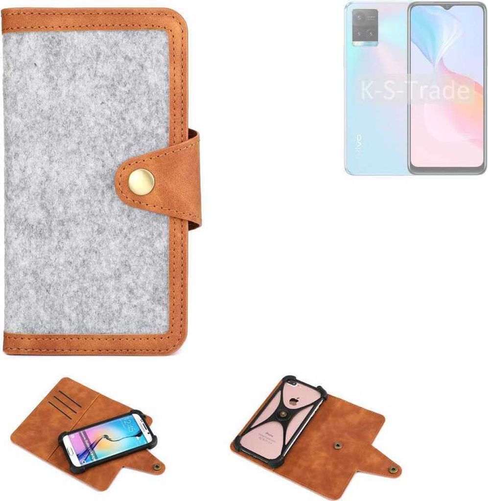 K-S-Trade Handyhülle kompatibel mit Vivo Y21s Schutzhülle Filz-Hülle Kunst-Leder hellgrau braun (1x)