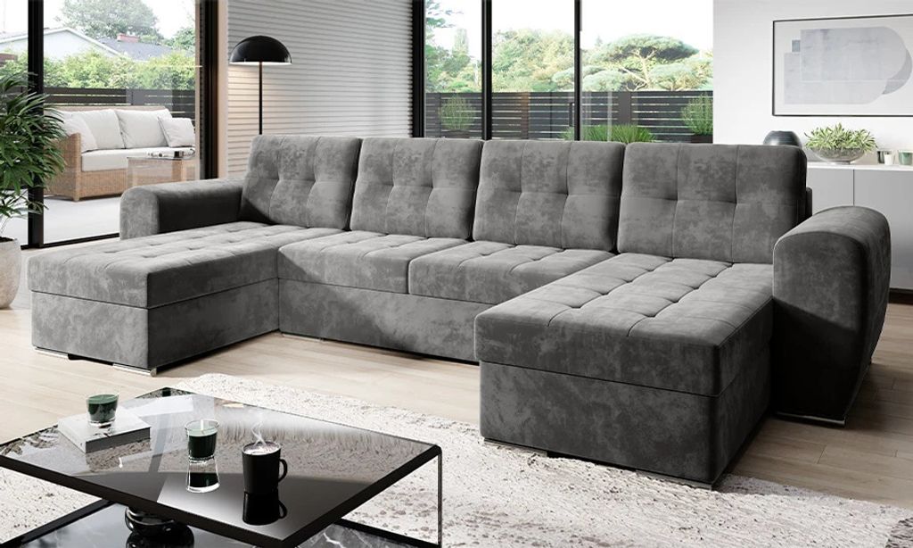 Easy4You Ecksofa BARI Velours in U-Form 326 x 97 x 157 cm mit Schlaffunktion und Bettzeugbehälter - Schlafsofa mit Bettkasten - Eckcouch mit Staur...