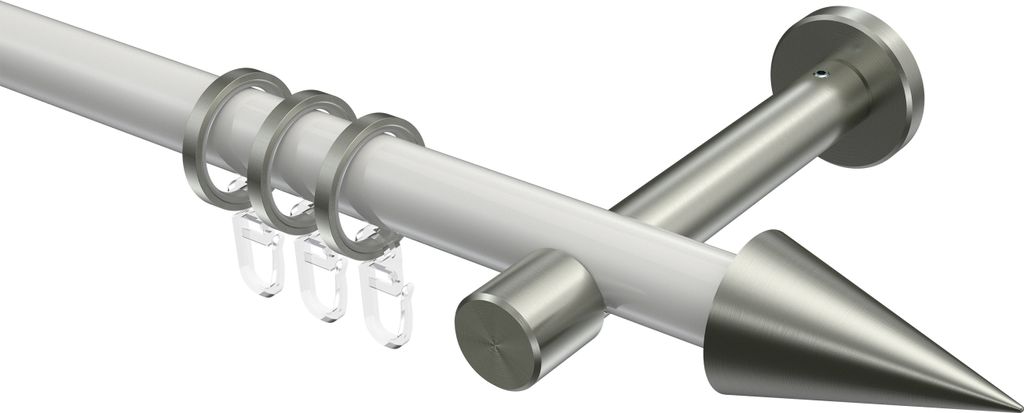 Interdeco Gardinenstange / Vorhangstange Weiß / Edelstahl-Optik, Typ Prestige Savio (Kegel), 20 mm Ø 1-läufig, 400 cm