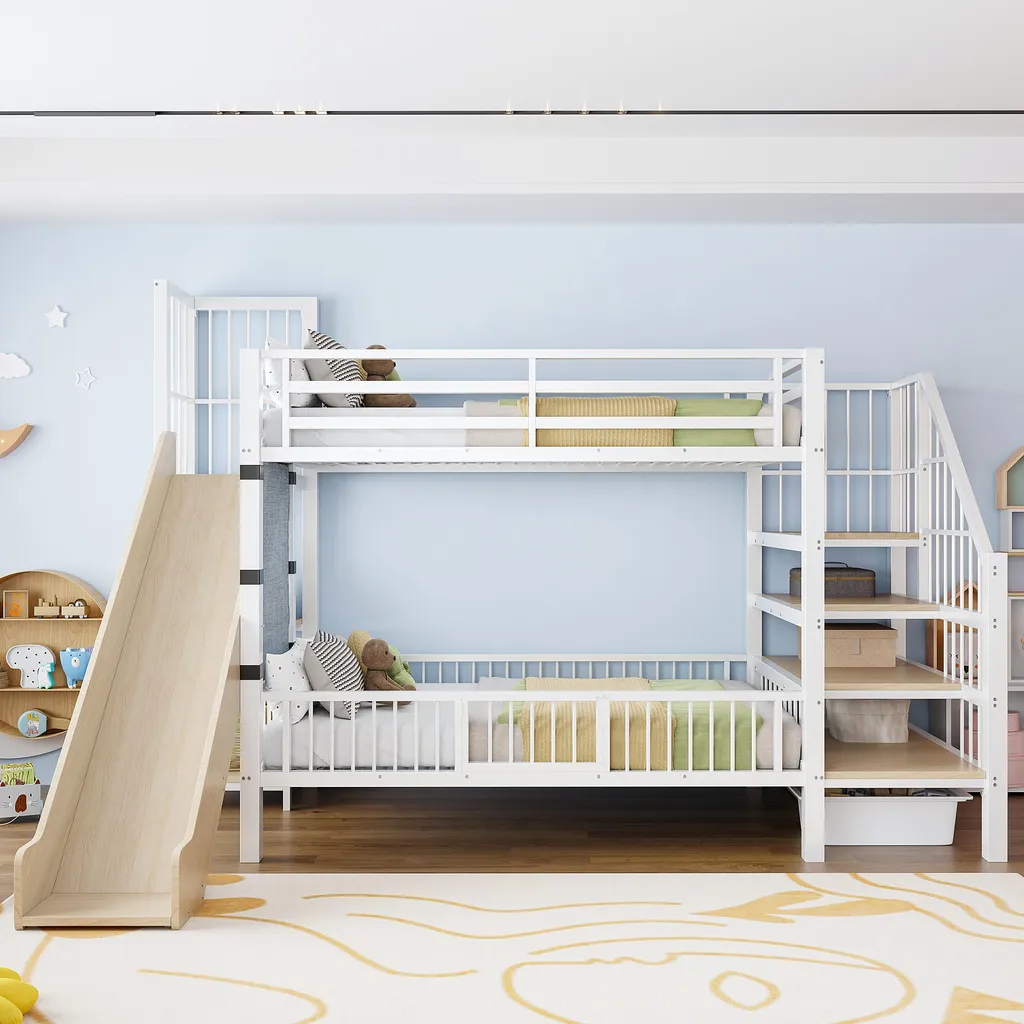 Lit combiné gain de place 90x200 blanc pour chambre enfant avec rangement