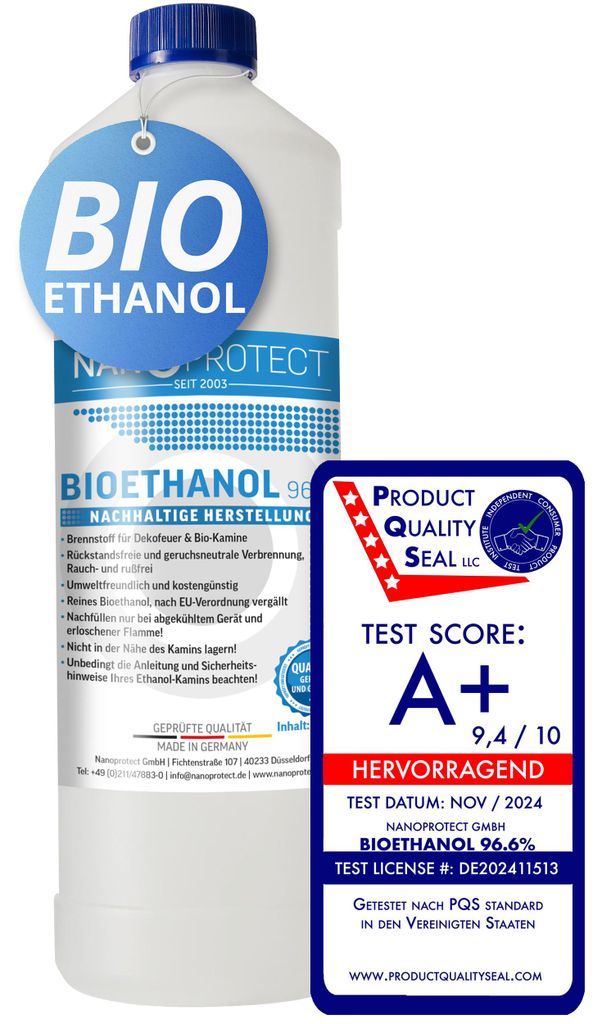 Nanoprotect Bioethanol 96,6% | 1 Liter | Flüssiger Ethanol Brennstoff für Indoor Kamin und Tischfeuer | Reiner Ethylalkohol als Lösungsmittel | ...
