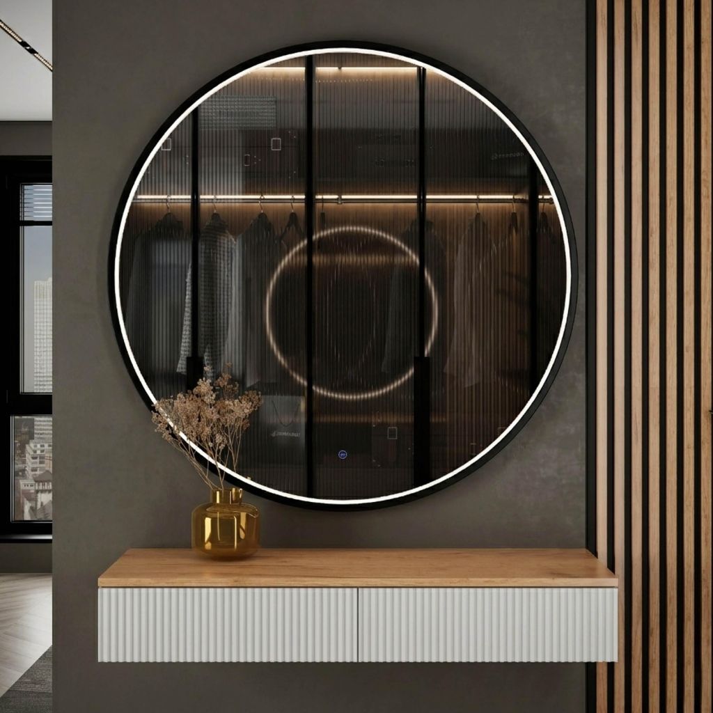 Planetmöbel AMYRA Konsolentisch 100 cm in Gold Eiche / Weiß mit LED Spiegel VELUNA 100 cm