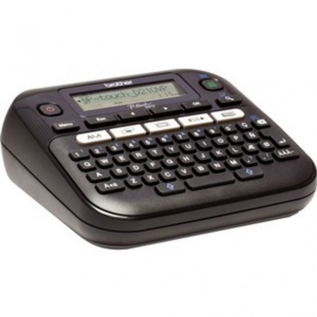 A black Brother PT-D210VP label maker is shown from a diagonal front-facing angle against a white background.