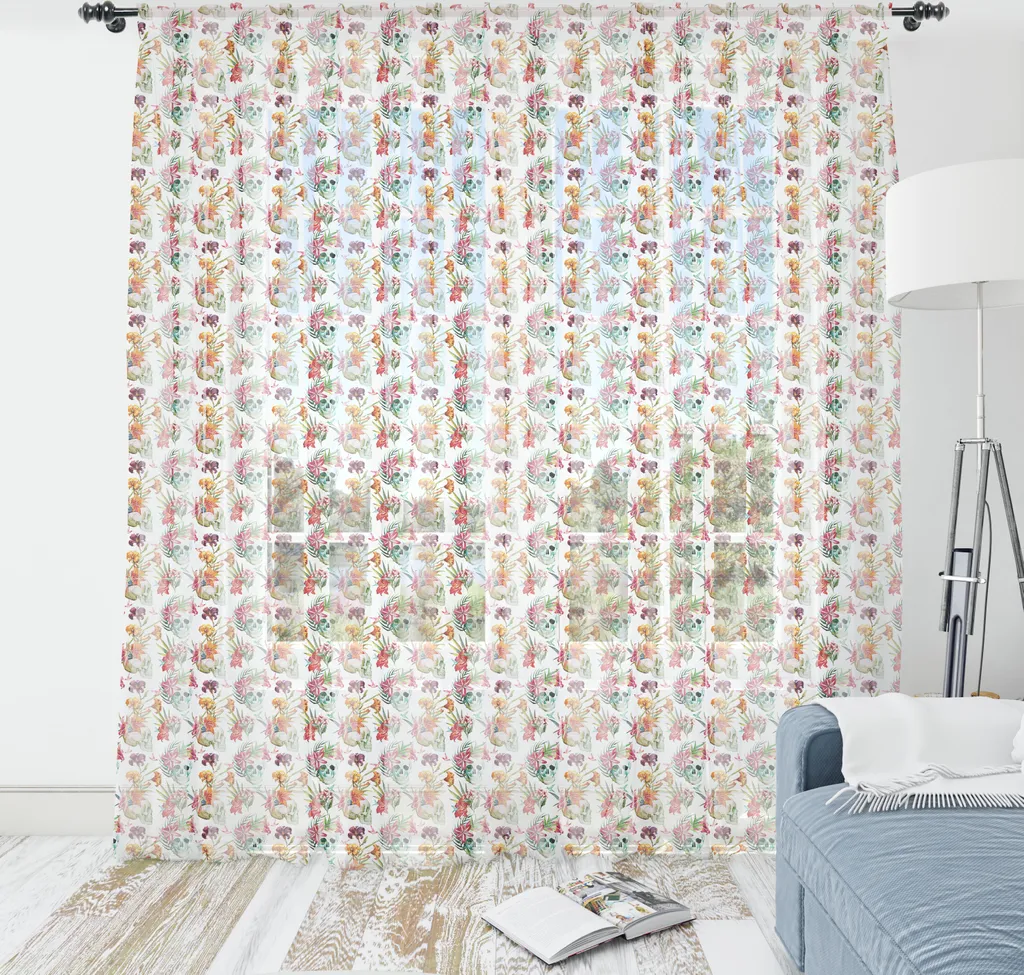 Tapisserie ABAKUHAUS Crâne Fleurs Tropicales, Satin, 160x274cm Orange
