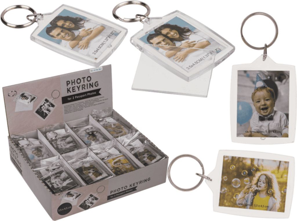 A collage of photo keyrings and a display box of keyrings.