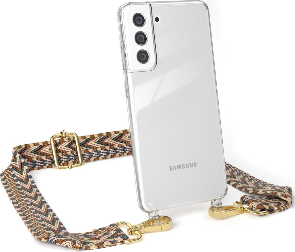 EAZY CASE Handykette - Verstellbarer Trageriemen kompatibel mit Samsung Galaxy S21 FE 5G, Handykordel mit transparenter Silikon-Hülle, Band in Braun