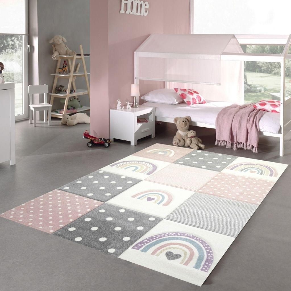 Kinderzimmer Teppich Spielteppich Regenbogen Punkte Herzchen rosa grau creme Größe - 160 x 230 cm