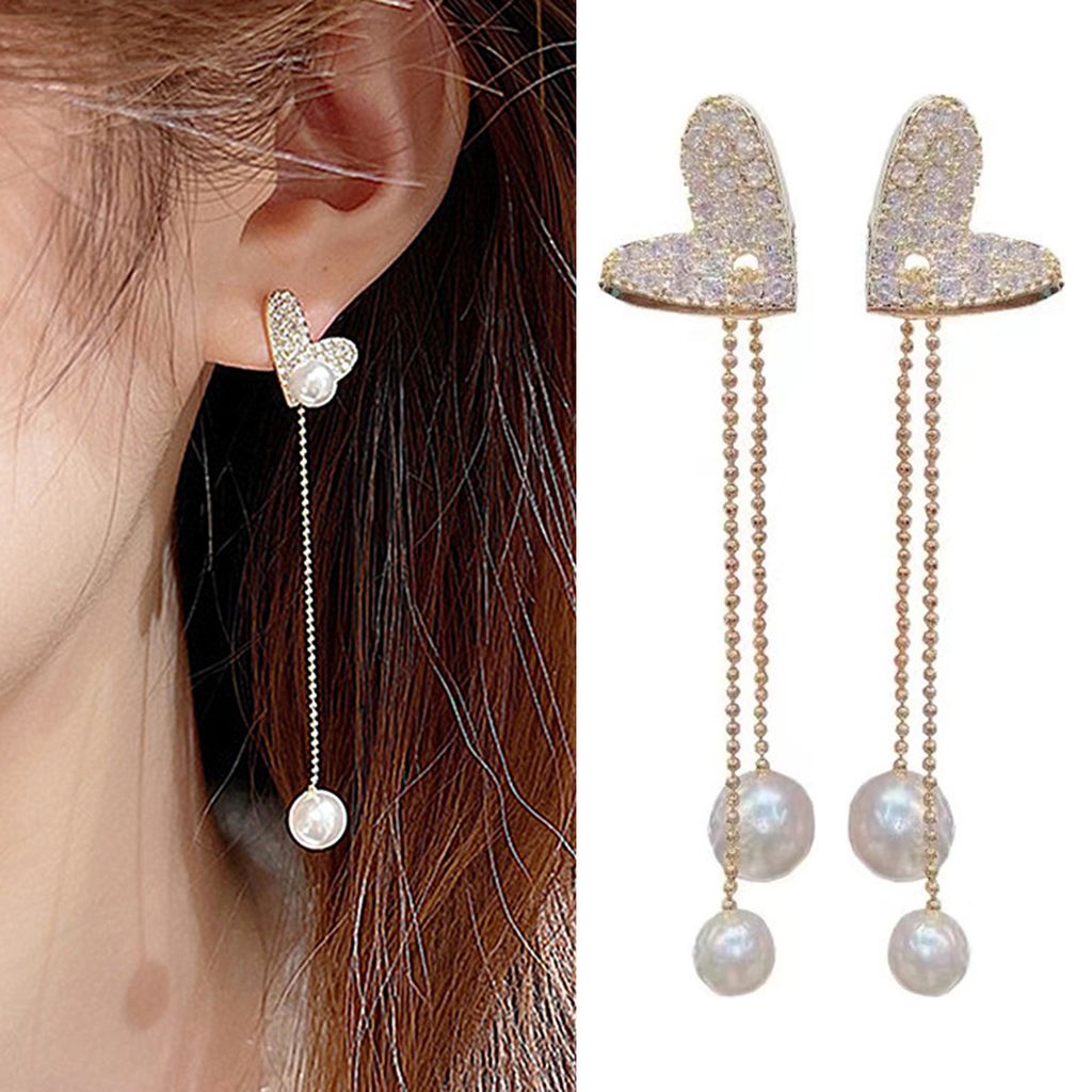 Frauen lineare Ohrringe elegante glänzende Strass eingelegte lange Quaste Herzform Tropfen Ohrringe Prom Ohrringe