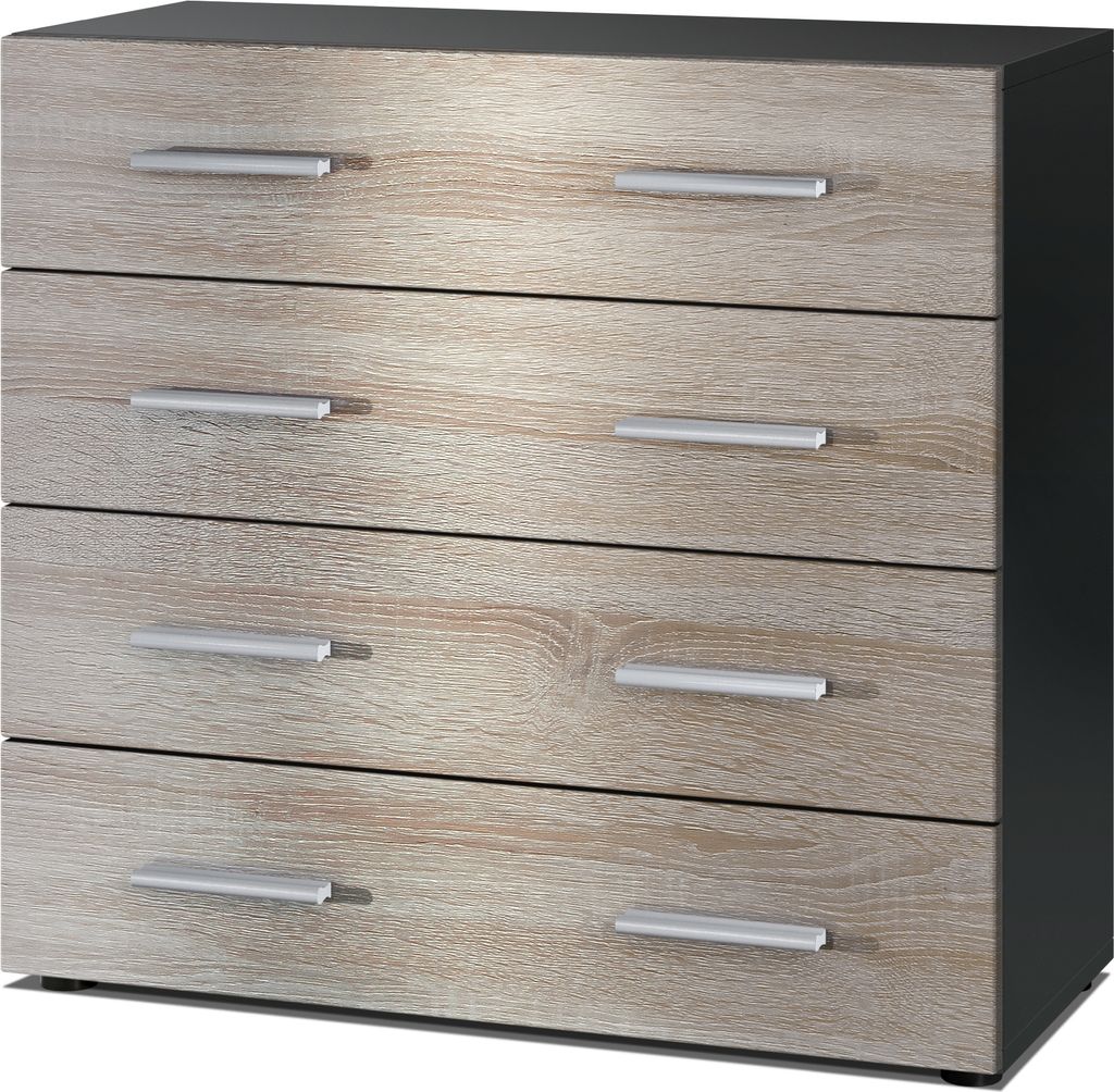 Vladon Sideboard Pavos, Kommode mit 4 Schubladen, Schwarz matt/Eiche sägerau (76 x 72 x 35 cm)