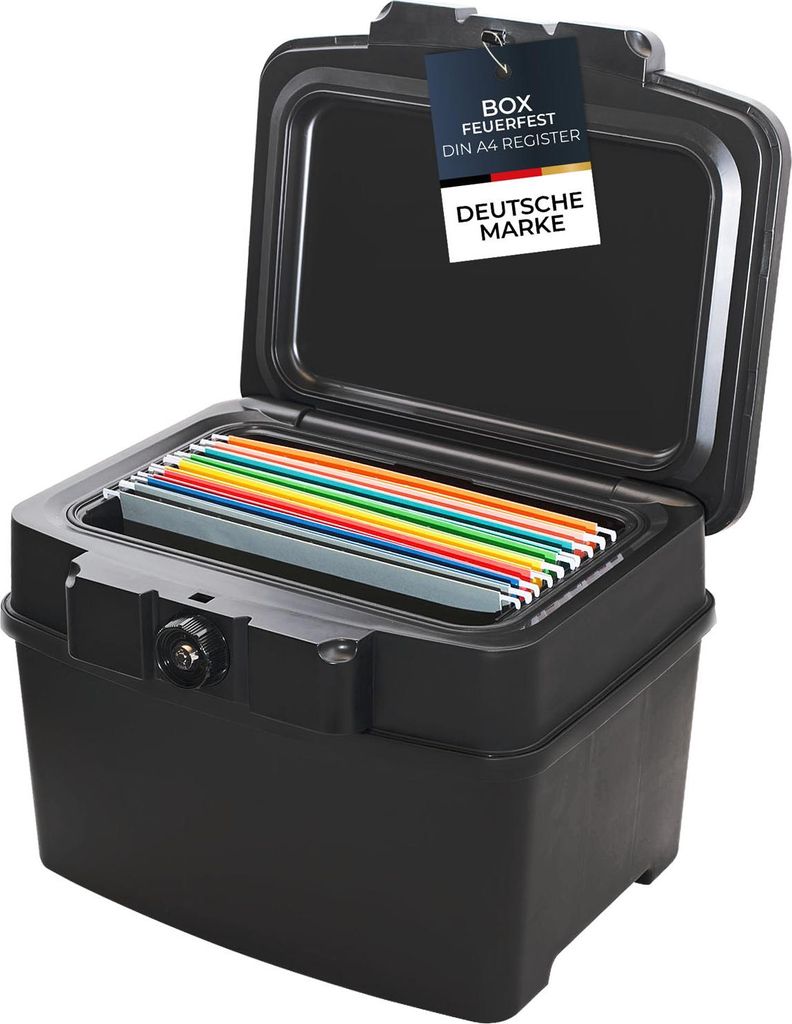 HMF 250453 Feuerfeste Wasserdichte Dokumentenbox | DIN A4 | Hängeregister | schwarz