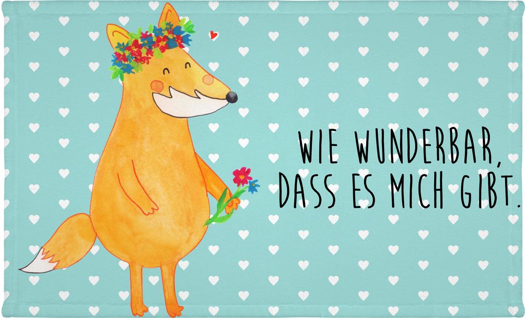 Mr. & Mrs. Panda Baumwollhandtuch Fuchs Blumen - Türkis Pastell - Geschenk, Frotteehandtuch, Händehandtuch, Selbstbewusstsein, Flauschtuch, Handt...