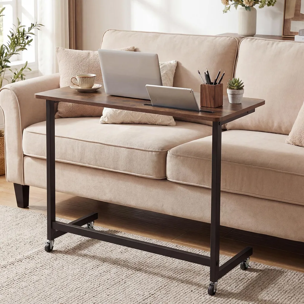 COSTWAY Table d'Appoint à Roulettes - Bureau PC Portable en Forme de C