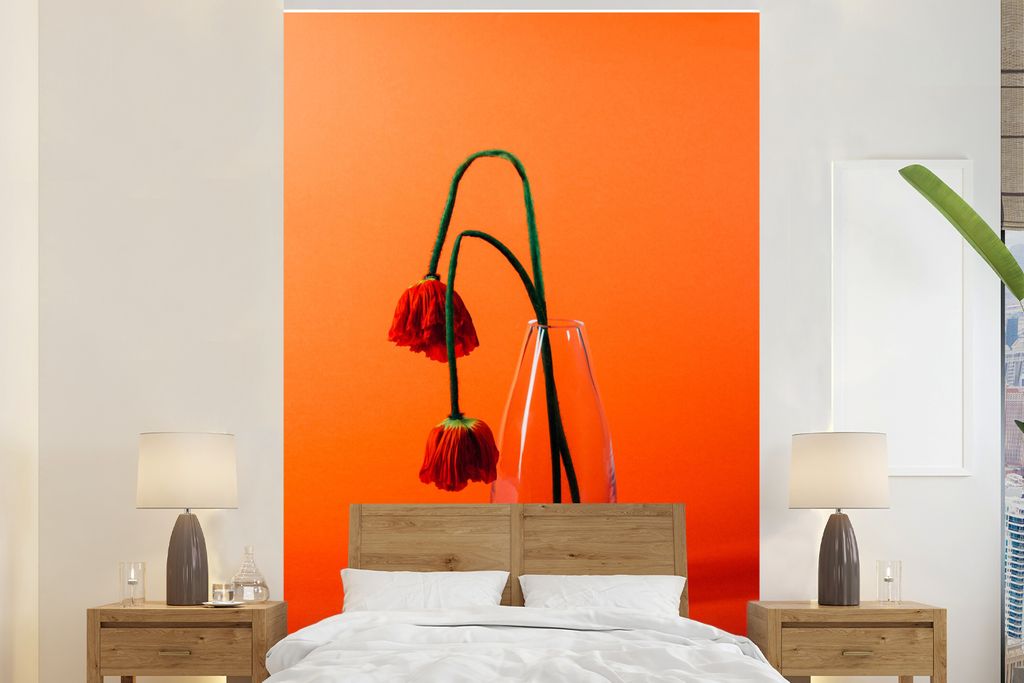 MuchoWow Fototapete für Wohnzimmer oder Schlafzimmer Wandtapete Vinyl Motivtapete Vase - Blumen - Zart - 155x240 cm - Tapete