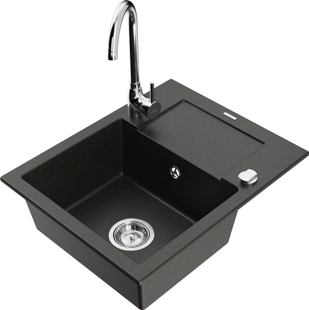 Mexen Enzo 1 Becken-Granitspüle mit Abtropffläche und Mischbatterie Telma, Schwarz/Gold - 6506-75-670200-00
