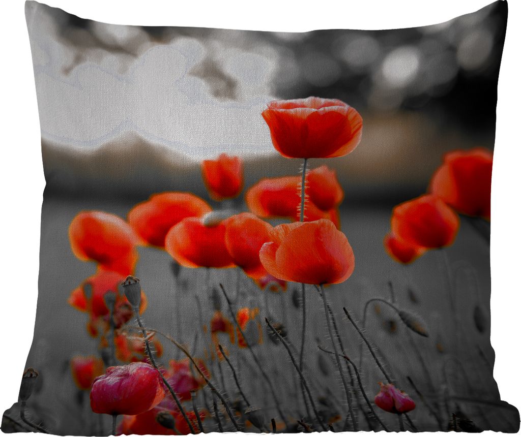 MuchoWow Outdoor Kissen - Rote Mohnblumen vor schwarzem und weißem Hintergrund - 45x45 cm - Wetterfest - Lounge Kissen - Fotokissen - Dekorative...