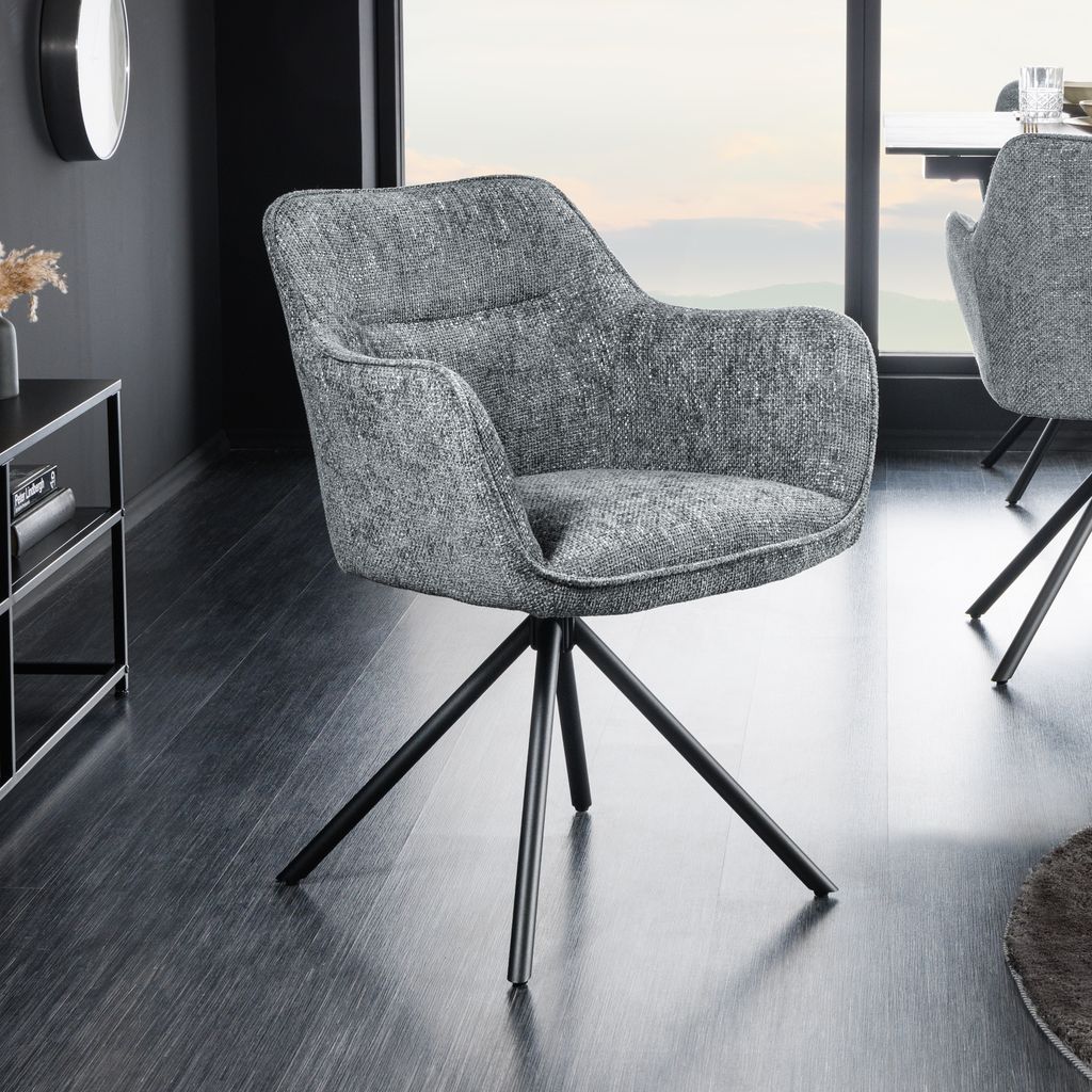 riess-ambiente Drehbarer Stuhl VERONA grau Strukturstoff mit Armlehne Metallbeine schwarz Drehstuhl Esszimmerstuhl Konferenzstuhl