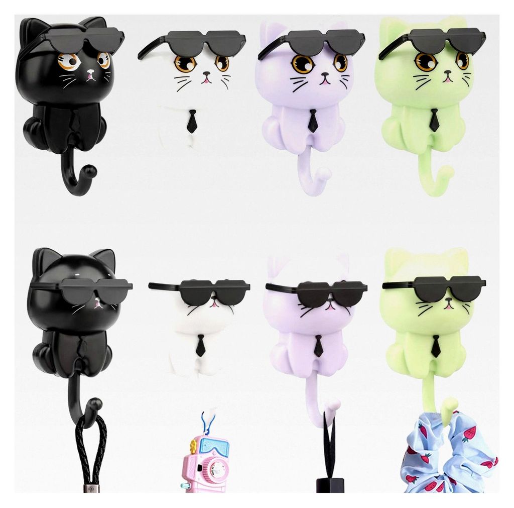 4 Stück Selbstklebende Wandhaken, Cartoon Katze Schlüsselhaken, Kleiderhaken, Handtuchhaken, Bohrfreie Haken für Kleidung, Schlüssel, Schmuck, ...