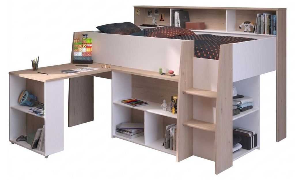 Kombibett für Kinder mit ausziehbarem Schreibtisch – Weiß Produktbild 